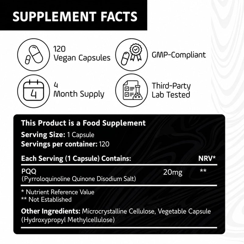 PQQ 20mg 120 Capsules Pyrroloquinoline Quinone Supplement – High Purity >99% - PQQ Disodium Salt – Bioavailable Form - Vegan Anti-Aging Support - Mitochondrial Cellular Natural Energy Booster
