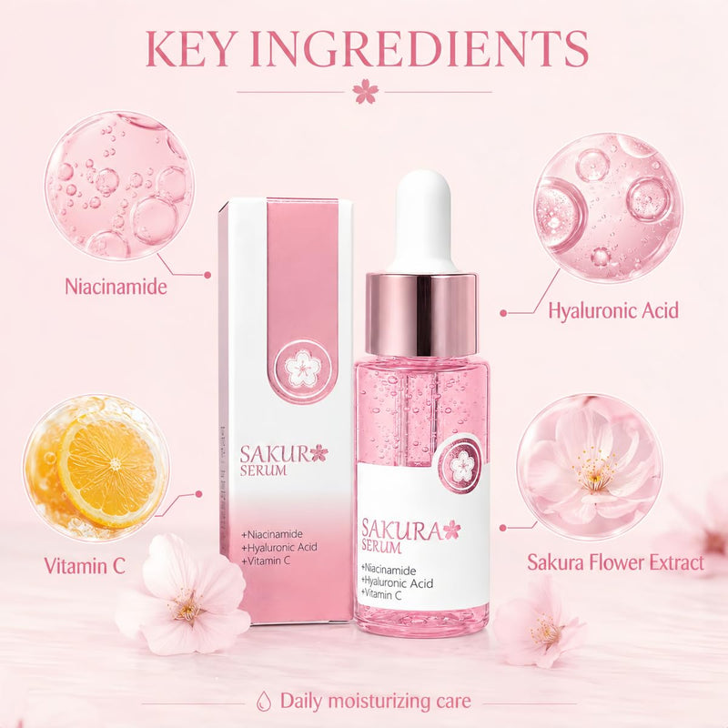 Sakura Face Serum 2 PCS, Hydrating Facial Serum with Niacinamide, Hyaluronic Acid and Vitamin C, Lightweight Moisturizing Serum for Face and Neck, Non-Greasy Daily Skin Care Drops, 2 x 17ml
