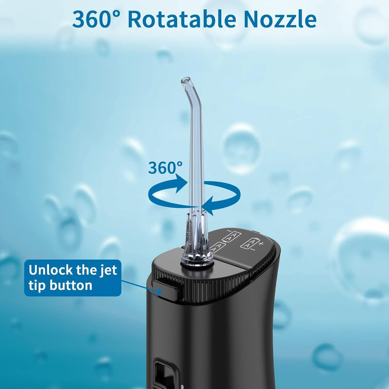 [Australia] - Sawgmore Oral Irrigator Wireless, Electric Tooth Cleaner with 4 Nozzles, 360° Rotating IPX6 Waterproof Battery Operated Interdental Cleaner for Travel/Family 220ML (Black) Black 