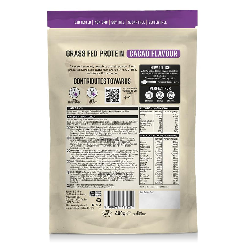 Hunter & Gather Cacao Grass Fed Beef Protein Powder 400g | 20g Protein per Serving | No Artificial Sweeteners or Fillers | Lean Muscle Growth | Dairy Free | Naturally Easy to Digest