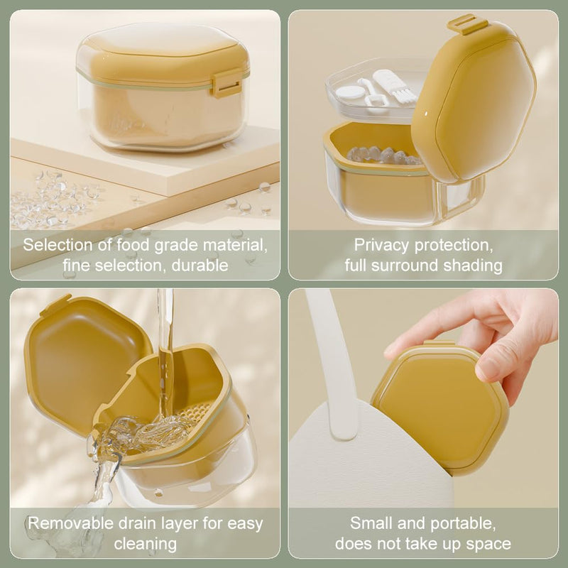 [Australia] - GmeDhc Braces box with strainer, portable denture box cover, invisible braces storage box, triple hollow drain, denture box, for holder, cleaning box light green 