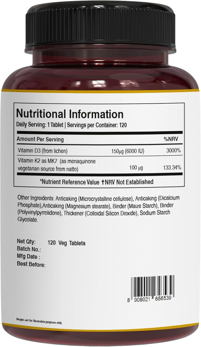 Pure Nutrition Vitamin D3 K2 Supplement (D3 6000iu + K2 MK7 100mcg) | 120 Tabs | Plant Based Vitamin D3 K2 Supplement to Support Calcium Absorption | Vegan Vitamin K2 D3 | Non GMO