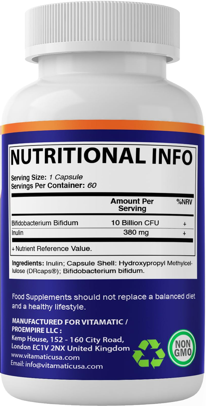 Vitamatic Bifidobacterium Bifidum - 10 Billion per DR Capsule - 60 Count - Digestive Support - Made with Prebiotic Inulin Fiber.