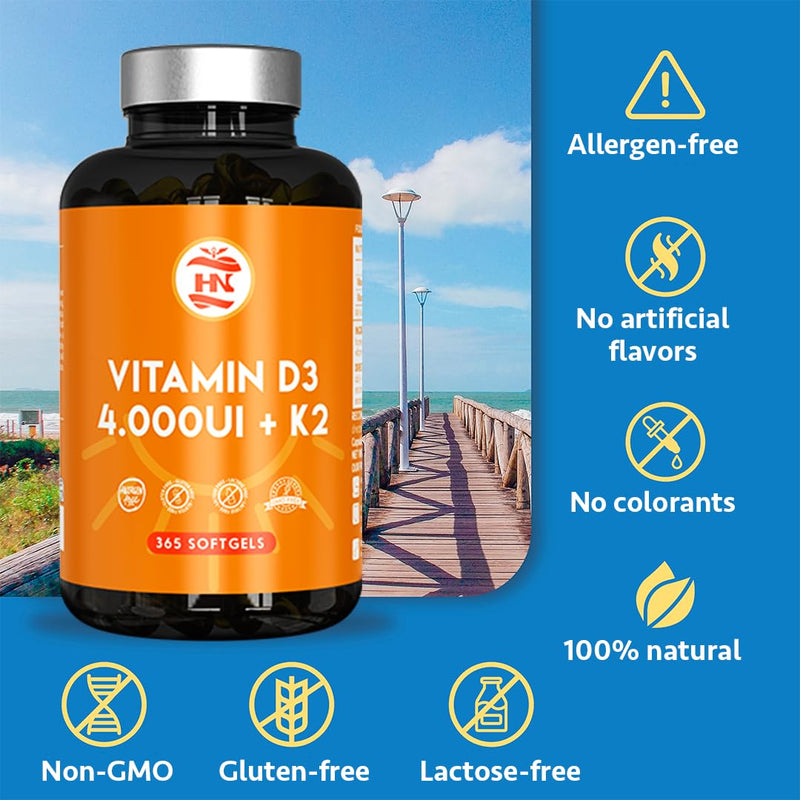 Vitamin D 365 Capsules - Vitamin D3 K2 Capsules – High-Strength Vitamin D3 4000 IU – Supports Immune System and Bone Health