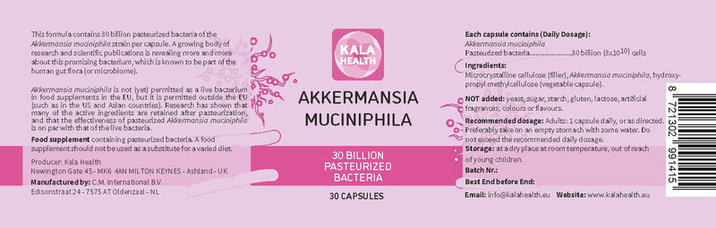 Kala Health Pasteurized Akkermansia – 30 Billion CFU – 30 Capsules – Made in The Netherlands Under ISO 22000 – Full in-House Production for Quality Control