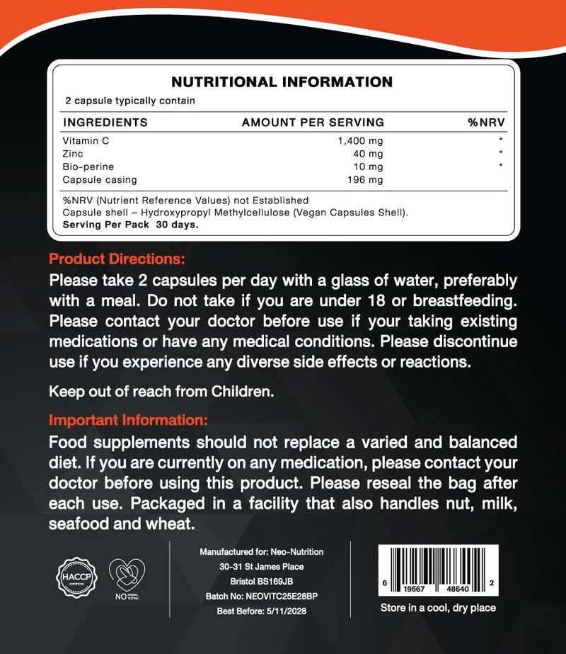 Vitamin C 1400mg Zinc 40mg - 60 Capsules - High Strength Immune Support – 1 Month Supply - Resealable Pouch – Neo Nutrition