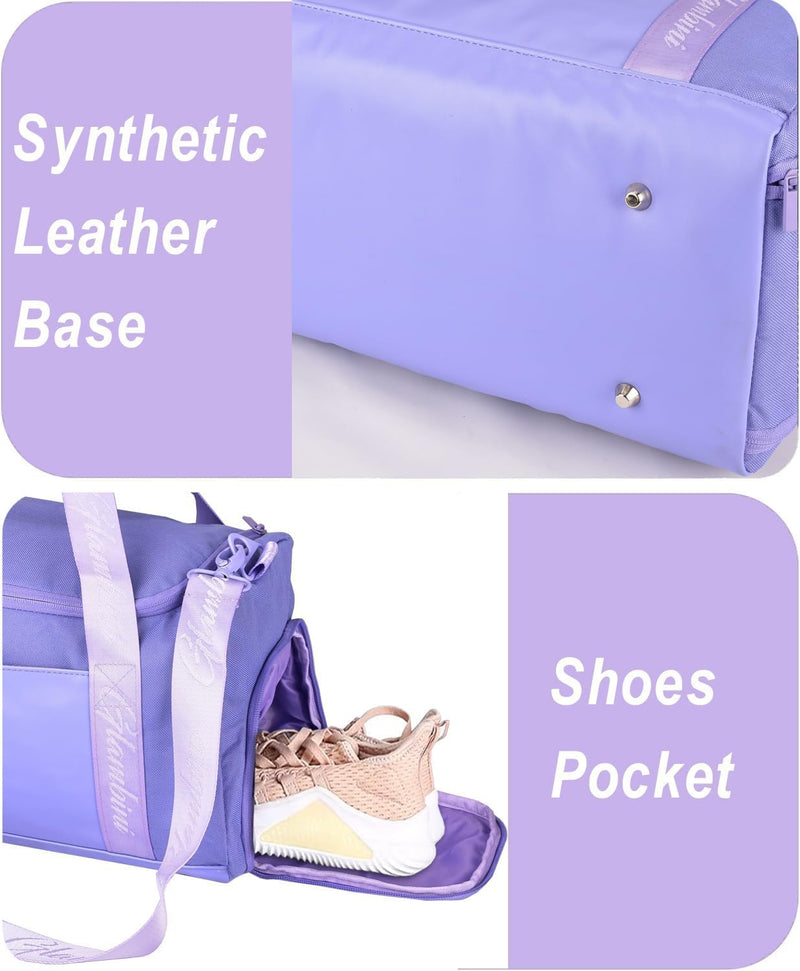 24L Duffle Bag with Shoes Compartment,Overnight Weekender Travel Gym athletic Trainning duffel for Girl Women Water-proof & Tear Resistant light purple
