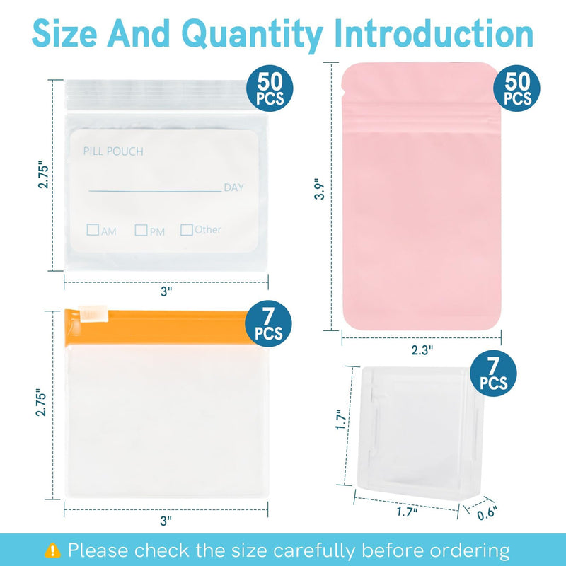 114PCS Travel Pill Organizer - RAINFLOW Bpa Free Pill Bags for Travel, Pack of 50 Clear Label Writing Baggies 50 Mylar Bags 7 Colors Small Ziplock Bag 7 Pill Box AM PM Supplements Baggies