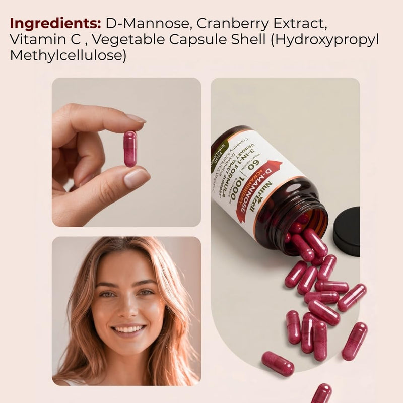 D-Mannose Cranberry 1000mg – 60 Vegan Capsules | 3-in-1 Formula with Vitamin C | Urinary Tract Support Supplement for Women & Men