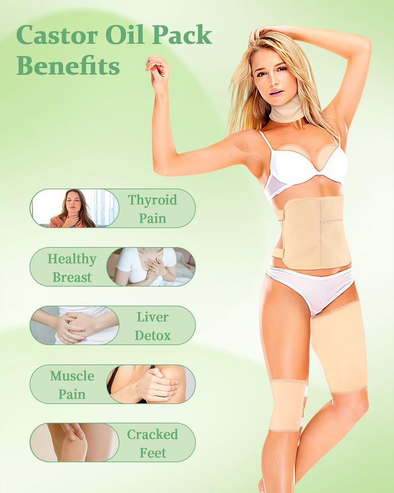 [Australia] - Castor Oil Pack Wrap, 9 Pcs Reusable Organic Castor Oil Pack Kit for Neck Chest Waist Back Knee and Feet, Adjustable Elastic Straps Castor Oil Compress Pads, Machine Washable Anti Oil Leak A-khaki 