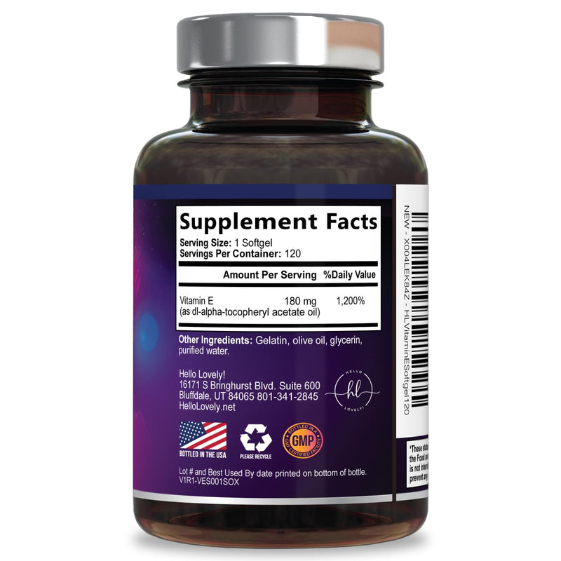 Vitamin E - 180 mg per Serving - Powerful Hair & Skin Support Supplement - dl-Alpha VitaminE Immune Health Support with Antioxidants - Easily Absorbed GMO & Gluten Free, Bottled in USA - 120 Softgels 120 Count (Pack of 1)