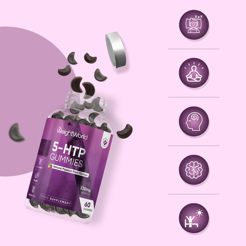 WeightWorld 5 HTP Supplement - 330mg per Serving - 60 Gummies - with Lemon Balm & L-Tryptophan - 2 Gummies a Day - 1 Month Supply - Natural Passion Fruit Flavour - 5-HTP Supplement - Vegan-Friendly