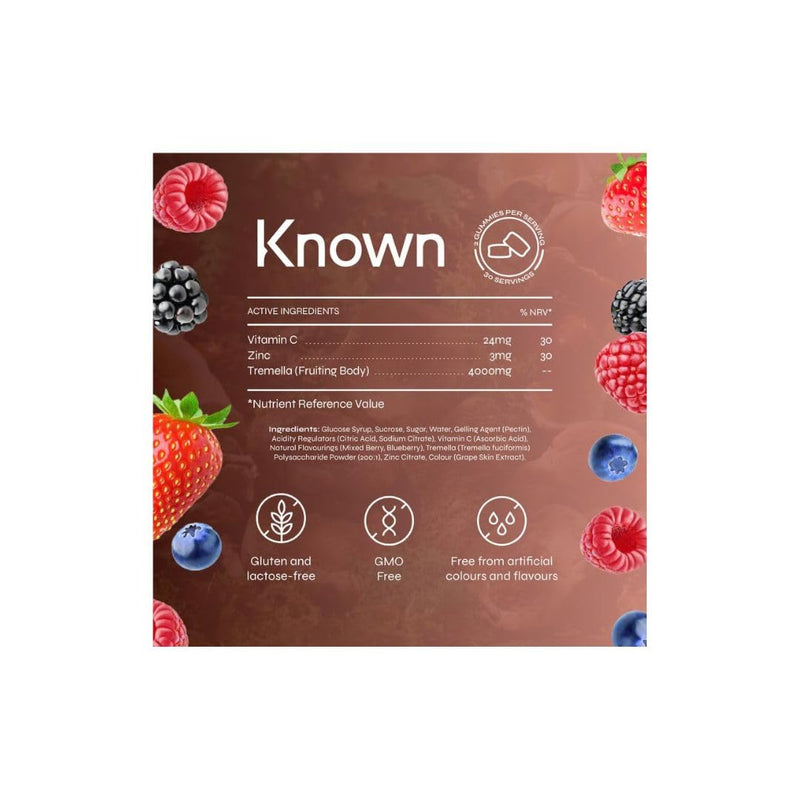 Known High-Strength Tremella Gummies - 4000mg Tremella Mushroom, Vitamin C & Zinc - Skin & Immune Support - Natural Mixed Berry Flavour - 60 Gummies 1 Month Supply Bottle