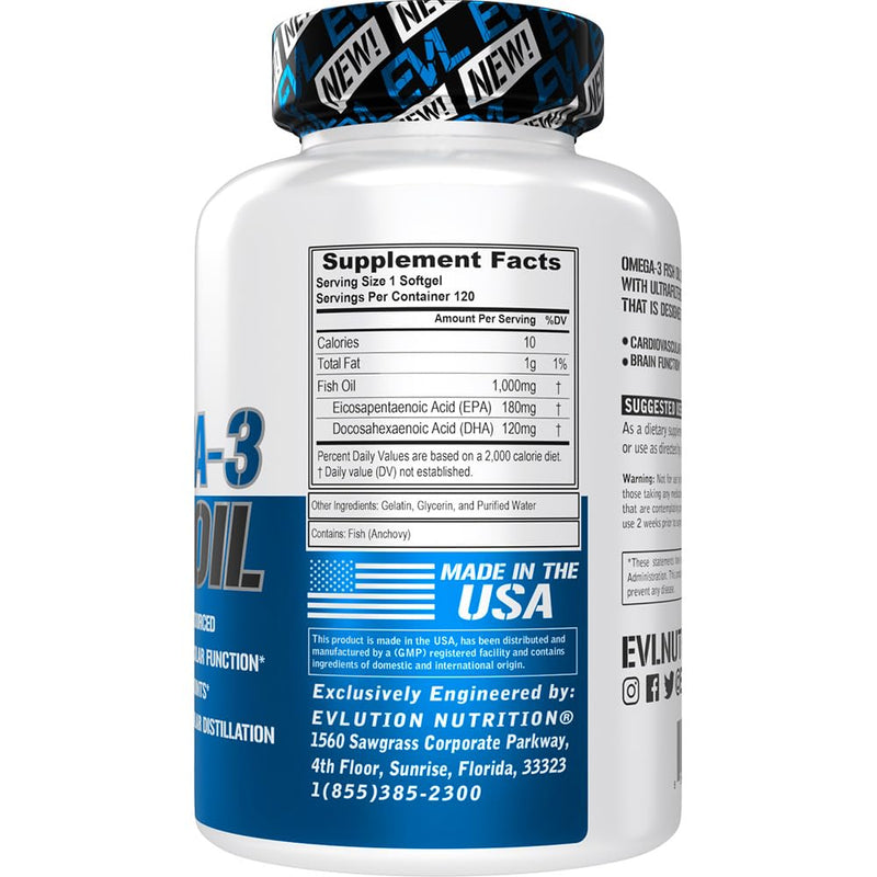 [Australia] - Evlution Nutrition Triple Strength Omega 3 Fish Oil - Burpless Fish Oil EPA DHA Omega 3 Supplement in Easy to Swallow Citrus Flavor Softgels - Enteric Coated Fish Oil Supplement - 120 Count 120 Count (Pack of 1) 