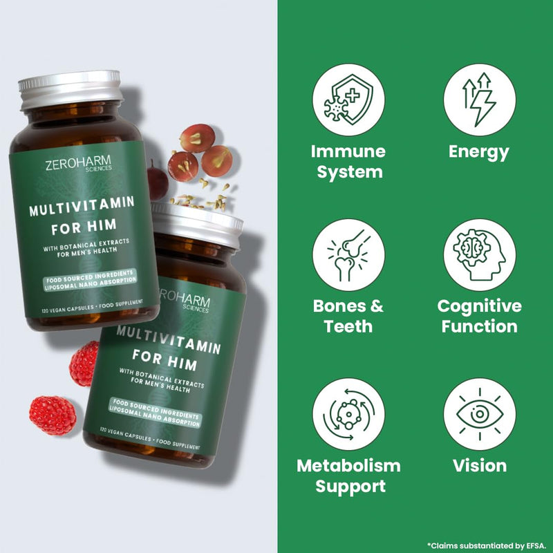 ZeroHarm Men’s Multivitamin – Plant-Based Formula with Vitamins A, B, C, D3, Iron & Magnesium – Liposomal Absorption – Powered by Real Food Ingredients – 120 Vegan Capsules