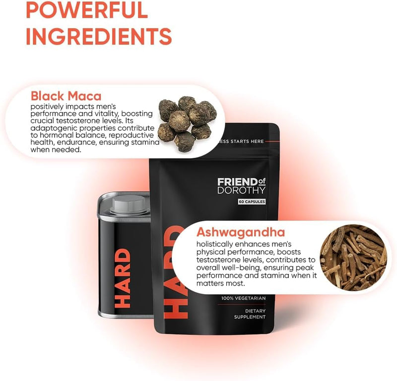 Hard Supplement for Men - Black Maca & Ashwagandha Root - Natural Performance Support - Enhances Energy, Vitality, Hormonal Balance - 60 Capsules 60 Capsules/Pouch