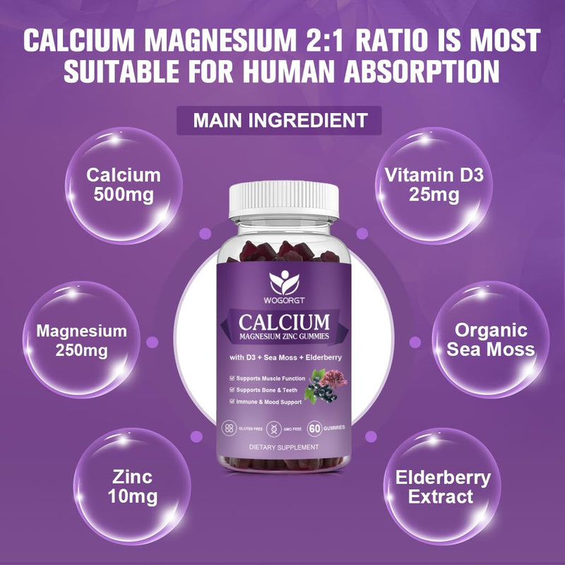 Calcium Magnesium Zinc Gummies with Vitamin D3 for Women & Men, Vegan, 60Ct | WOGORGT - Chewable Calcium Magnesium Zinc D3 Supplement with Sea Moss, Elderberry for Bone & Teeth, Daily Wellness Support 60 Count (Pack of 1)