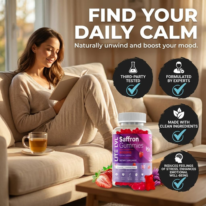 LITE LVL - 60 x Natural Strawberry Flavoured Saffron Extract Gummies - Daily Serving 2 Gummies per Day - Relax Unwind- Rich in Antioxidants - Saffron Supplement