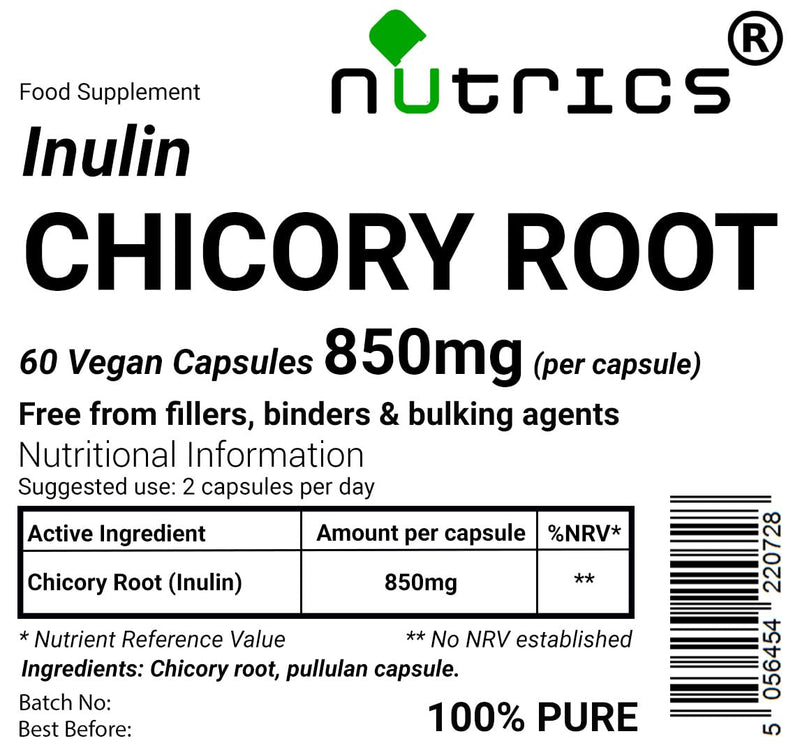 Chicory Root 850mg x 60 Vegetarian Capsules Prebiotic Fibre Inulin - No Fillers Binders or Bulking Agents - 100% Pure - Suitable for Vegan Vegetarian Diet