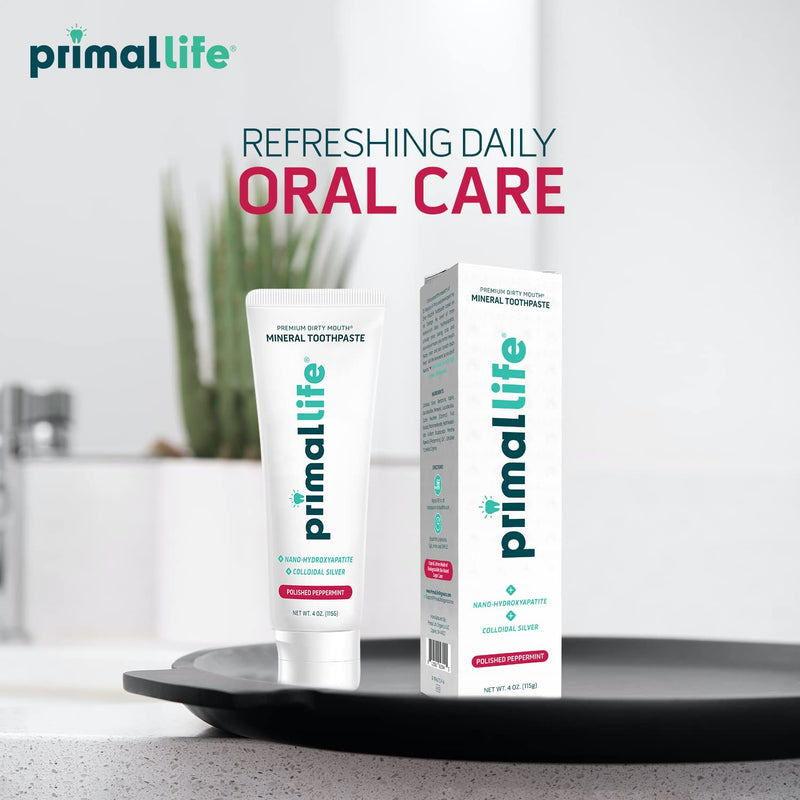 [Australia] - Primal Life Organics Premium Dirty Mouth Mineral Toothpaste - Nano-Hydroxyapatite, Colloidal Silver, Charcoal - Organic, All Natural Whitening Formula (Peppermint Flavor, 4 Oz) Peppermint 