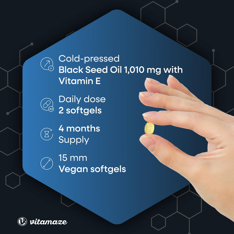 Black Cumin Oil Capsules Cold Pressed 1,010 mg (Nigella Sativa) with Vitamin E, 240 Vegan Capsules for 4 Months, Dietary Supplement without Additives, Egyptian Black Seed Oil, Made in Germany 240 count (Pack of 1)