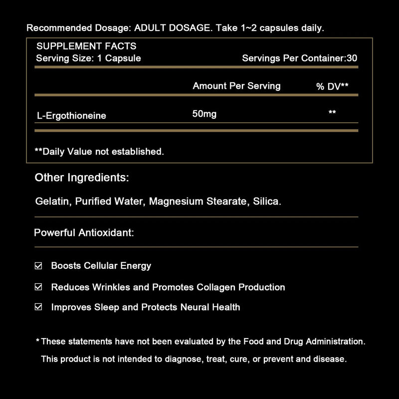 L-Ergothioneine 50mg of Ultra-Pure, Antioxidant Dietary Supplement, Cellular Health, Cognitive Health, Longevity, Gluten-Free, Vegetarian, Non-GMO