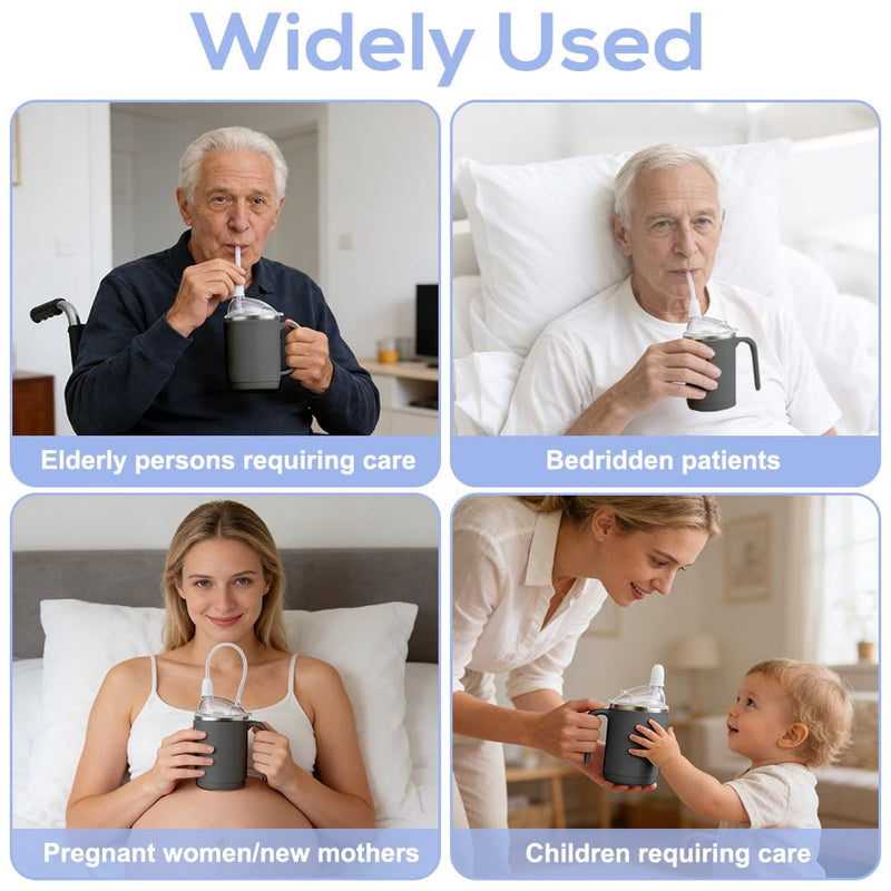Beakers for Elderly 450ml, SGZIOO 3 in 1 Sippy Cup for Adults, Non Spill Cups for Elderly, Adult Sippy Cups for The Elderly Non Spill, with Lid, Straw, Brush, Aids for the Disabled Daily Living (Gray) Gray