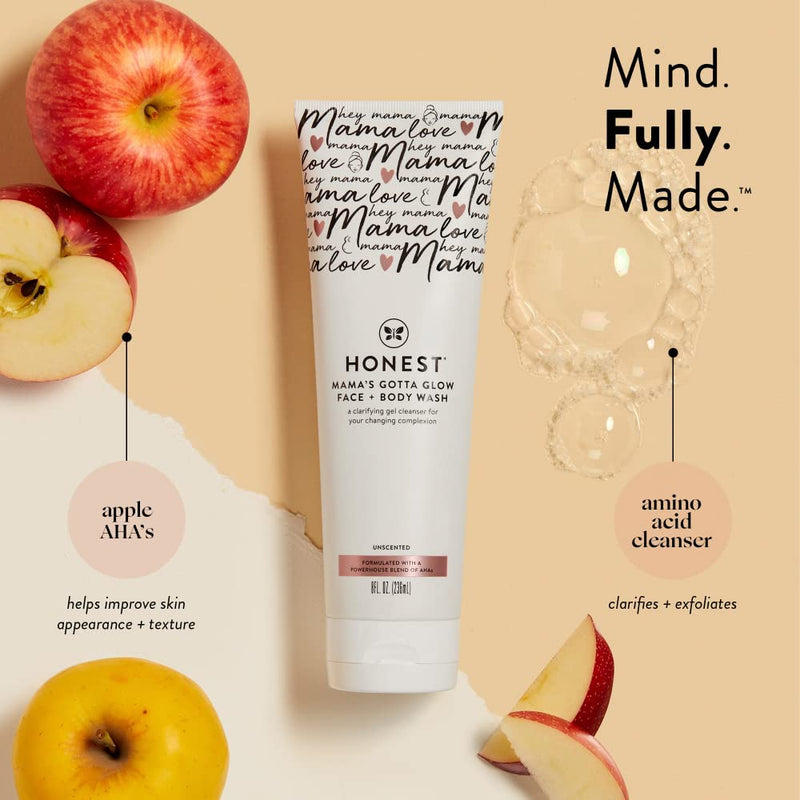 [Australia] - The Honest Company New Mama Care Essentials Gift Set | Hospital Bag Must Haves | Travel Size Nip Balm (0.5 oz), Glow On Body Cream (1 oz), Gotta Glow Face Wash (1.75 fl oz), Reusable Pouch New Mama Mini Essentials Set 