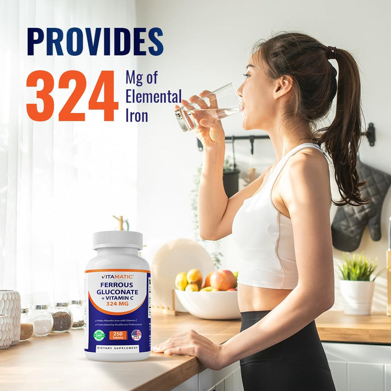 Vitamatic Ferrous Gluconate 324 mg + Vitamin C 100 mg - No Artificial Color Additives - Gentle on Stomach - 250 Coated Tablets - Made in USA