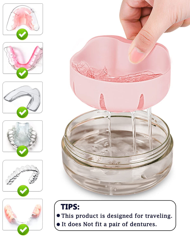 Denture Case, Definitely No-Leak Denture Bath Box for Traveling Perfectly, Denture Cup with Strainer & Magnetic Mirror,Completely Clean Care for Retainer, Mouth Guard, & Denture(PINK)… PINK