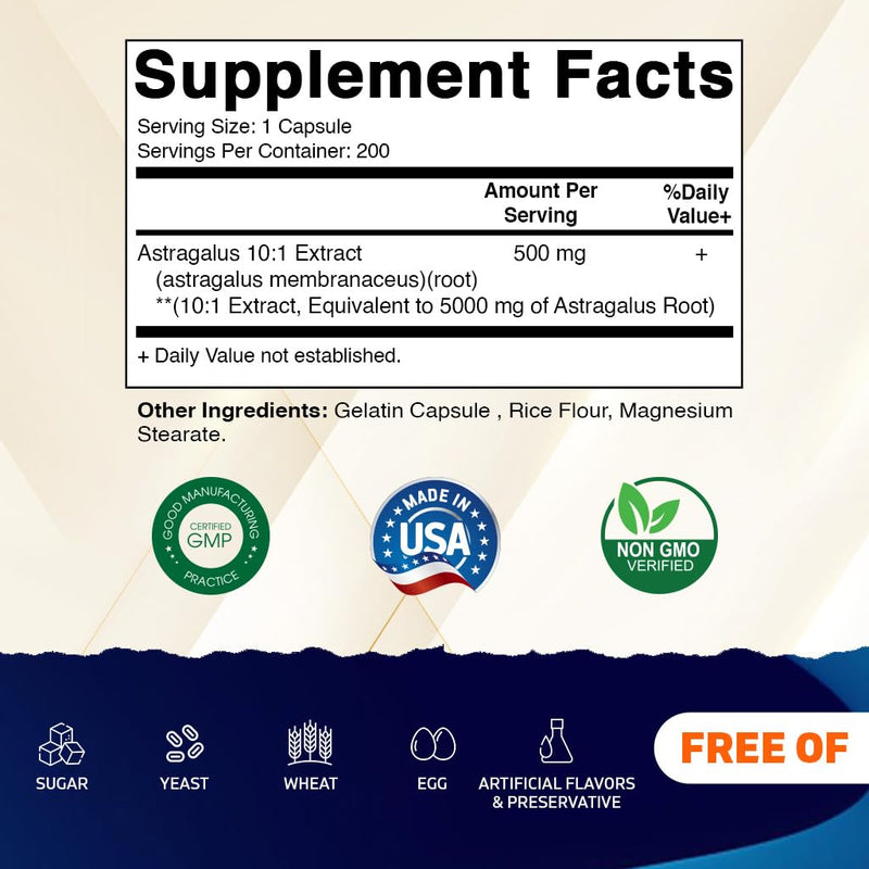 [Australia] - Vitamatic Astragalus Capsules 200 Veg Capsules - 10:1 Astragalus Extract 500mg - Non-GMO, Gluten-Free 