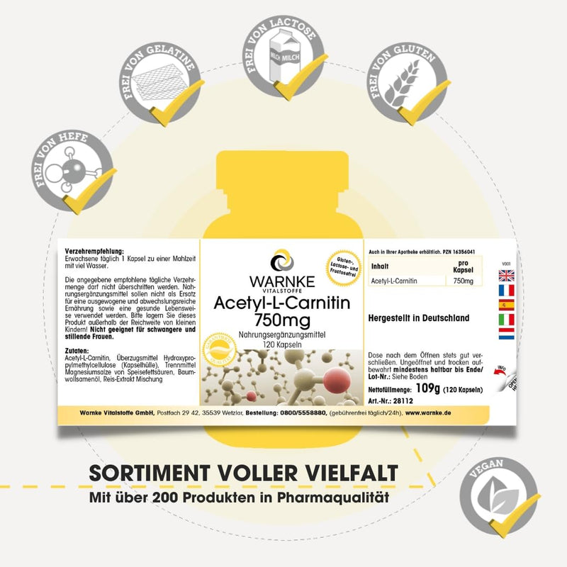 [Australia] - Acetyl-L-Carnitine capsules - 750mg - 120 capsules - high dosage - vegan | Warnke vital substances - German pharmacy quality 