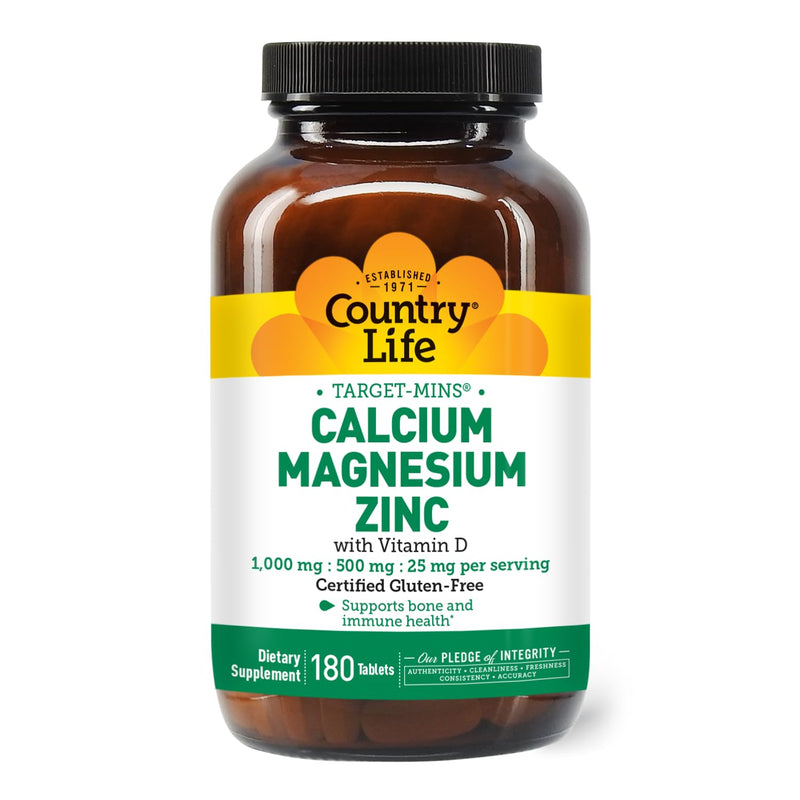 Country Life Calcium Magnesium Zinc with Vitamin D3 and L-Glutamic Acid, Dietary Supplement for Bone Support, Certified Gluten Free, 1000mg/500mg/25mg, 180 Tablets 180 Count (Pack of 1)