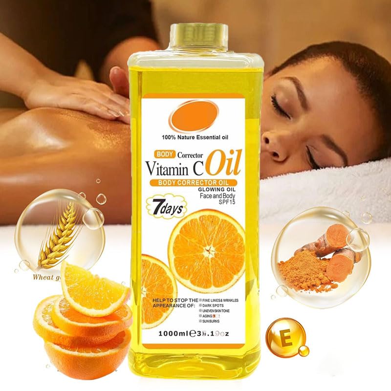 Vitamin C Body Oil, 1000ml Tumeric Body Oil, Retinol Vitamin C 7days, Vit C Body Corrector Oil for Uneven Skin Tone (1000ML VC) 1000ML VC