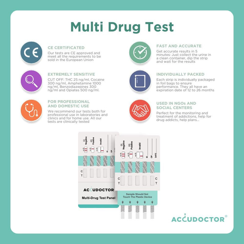 [Australia] - 5 tests Accudoctor Multi drug test 5 drugs in urine THC Cannabis Marijuana Cocaine MET Benzodiazepine Amphetamine rapid test urine test urine test strips one multi-drug test rapid drug test drug test 