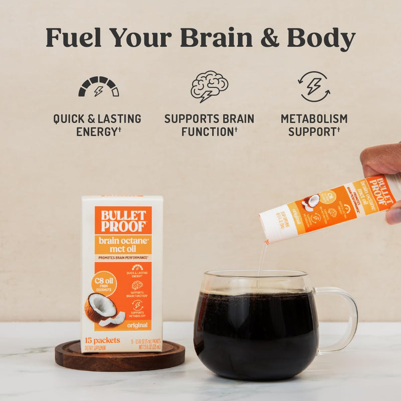 Bulletproof Brain Octane C8 MCT Oil Packets, Pack of 15 – 100% Pure Coconut Oil, Triple-Distilled Keto Energy Supplement for Coffee & Smoothies, Unflavored, No Additives or Fillers, Non-GMO 0.5 Fl Oz (15 Packets)