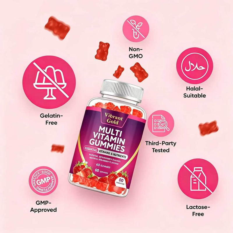 Multivitamin Gummies for Women & Men - 13 Ingredients -60 Gummies - 1 Months Supply - Natural Strawberry Flavour - Vitamins & Minerals Like VIT C, D3, B6, B7, B12 & Zinc -for Adult