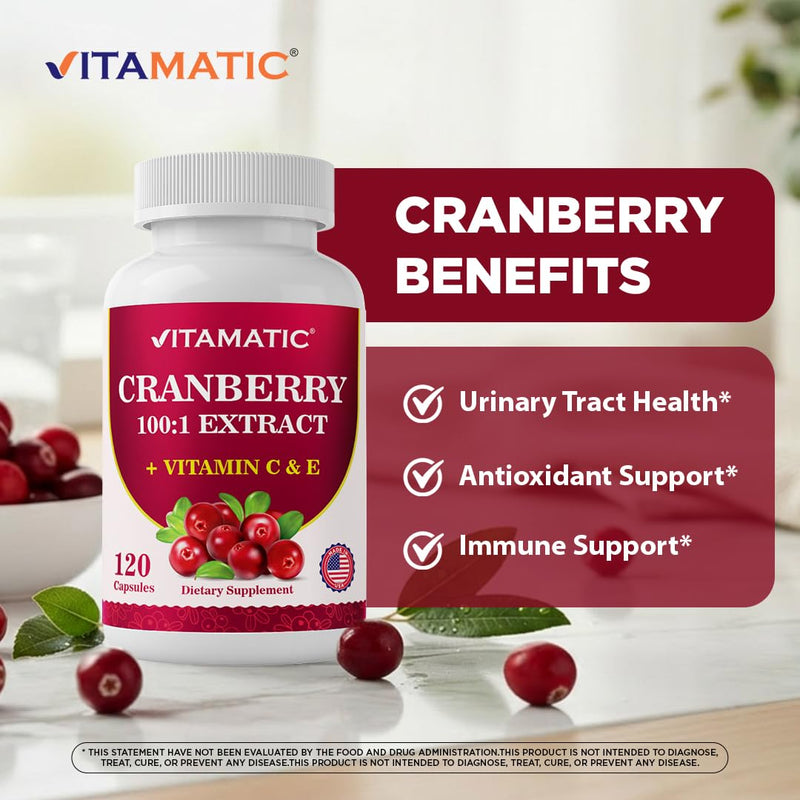 Vitamatic Cranberry 500 mg 100:1 Extract (2 Capsules) with Vitamin C & E – 120 Veg Capsules – Urinary Tract & Bladder Support Supplement – Non-GMO, Gluten Free, Made in USA