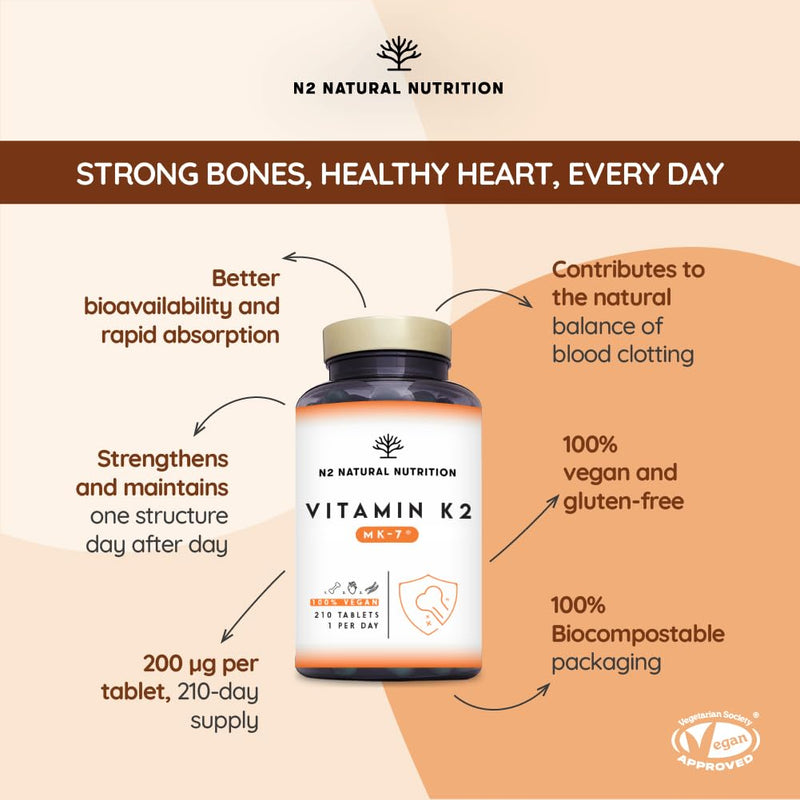 Natural Vitamin K2 Mk7 Capsules, High Concentration 200µg. for Hear, Brain and Bones. 120 Vegetable Capsules. UK Vegan Certified. N2 Natural Nutrition