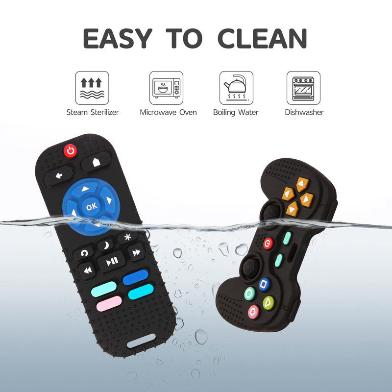[Australia] - 2 Pack Silicone Teething Toys for Babies 0-6 Months, Teethers for Babies 6-12 Months, Remote Teether for Baby, Sensory Toys for Babies, Baby Chew Toys Black-Black 