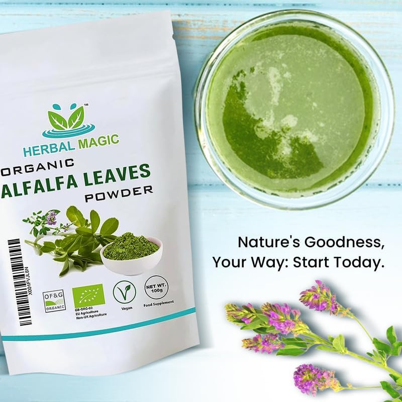 Herbal Magic's Organic Alfalfa Leaf Powder - Green Superfood for Smoothies, Soups, Baking - Free from Fillers & preservatives - 200gms Pack - of&G UK Organic Certified 200 g (Pack of 1)