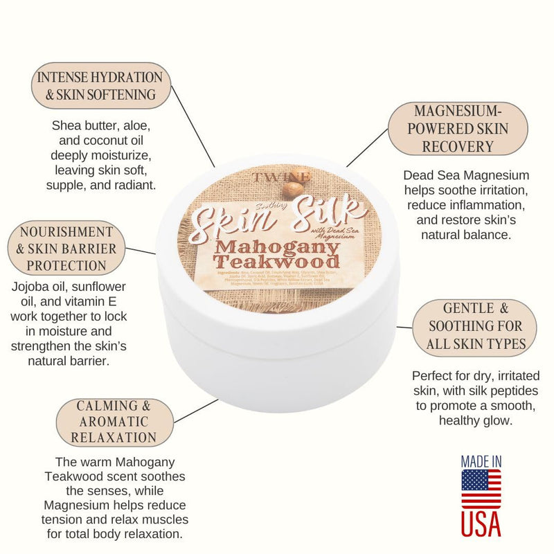 TWINE Silk Peptides + Magnesium Moisturizing Body Butter - Deep Hydration Whipped Moisturizer with Shea Butter and Coconut Oil - Mahogany Teakwood Skin Silk- 4 oz