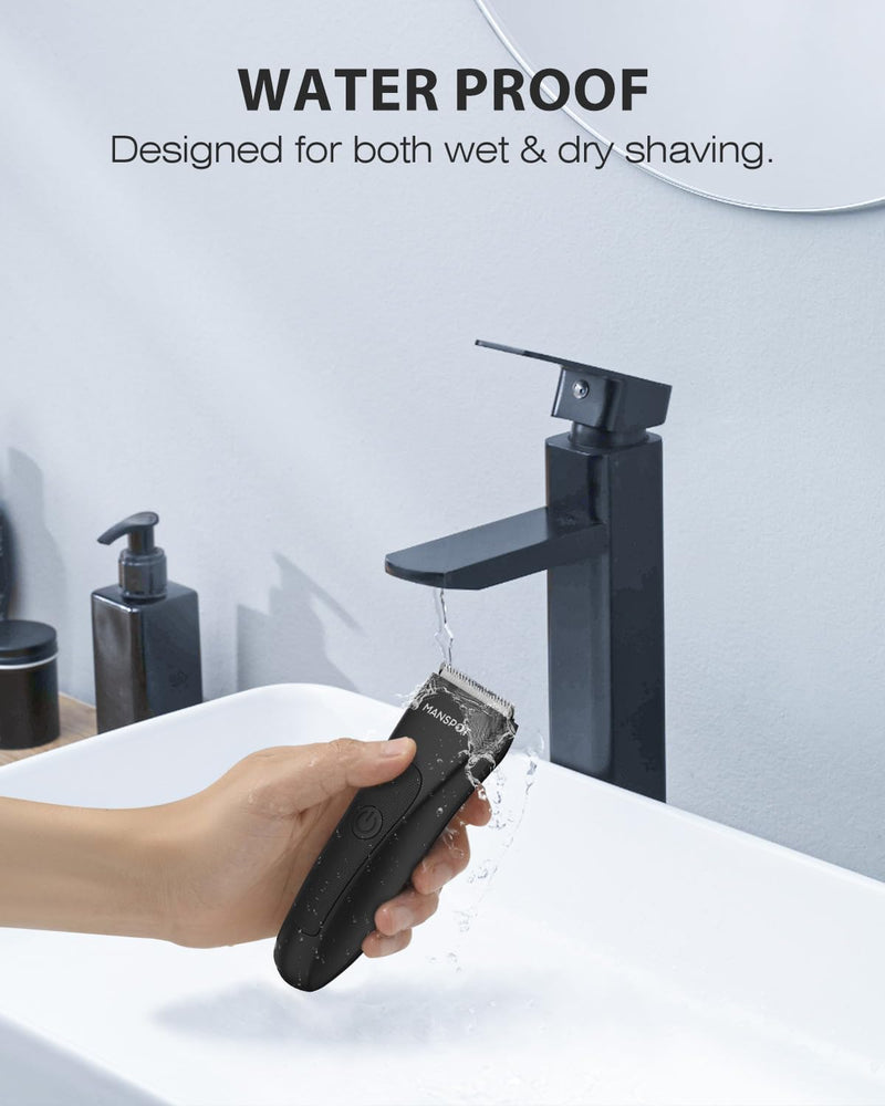 [Australia] - MANSPOT Manscape Groin & Body Hair Trimmer for Men, Electric Ball Trimmer Pubic Trimmer Body Shaver, Replaceable Ceramic Blade Heads,Waterproof Wet/Dry Body Shaver Groomer,90 Minutes Shaving Black 