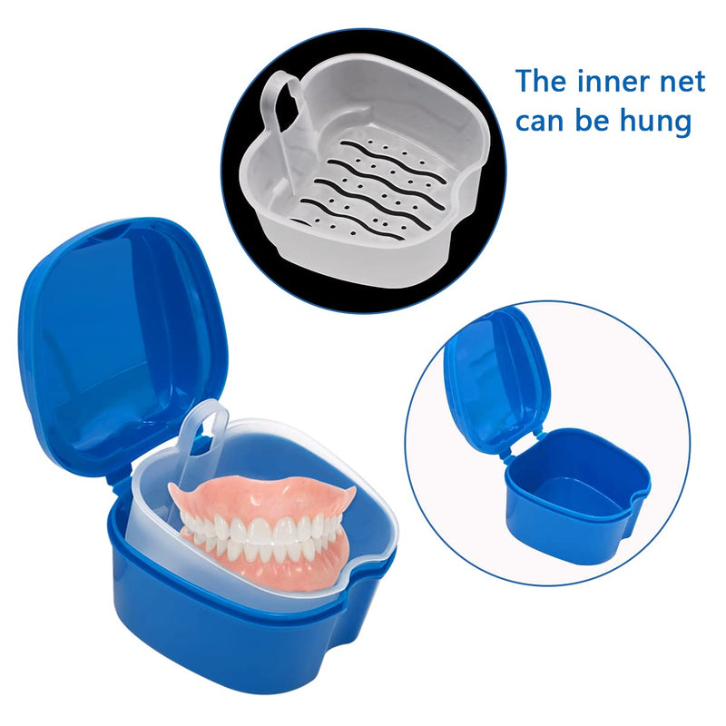 [Australia] - Denture Cleaner Box and Brush Set - 2 Pack Denture Bath Case with Basket + 2 Pack Denture Brush, Portable Denture Retainer Storage Box, False Teeth Brushes for Oral Care (Light and dark blue) Light and dark blue 