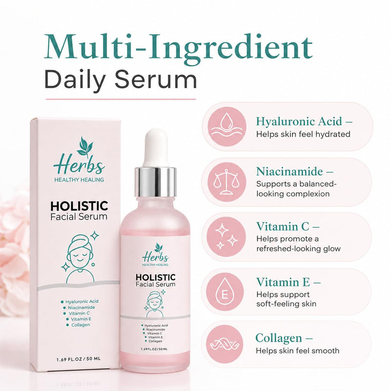 Herbs Healthy Healing Holistic Facial Serum for Face, Hydrating Face Serum with Hyaluronic Acid, Niacinamide, Vitamin C & E, Collagen, Lightweight Dropper Serum, 1.69 fl oz / 50 ml