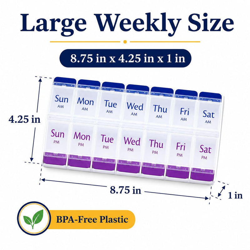 Jumbo AM PM Pill Organizer 7 Day - Weekly Pill Box 2 Times a Day | Push-Button Easy Open Clear Lids, BPA Free Plastic for Vitamins, Supplements and Medication