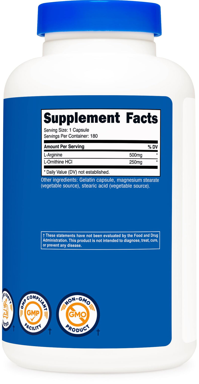 [Australia] - Nutricost L-Arginine L-Ornithine 750mg; 180 Capsules 180 Count (Pack of 1) 