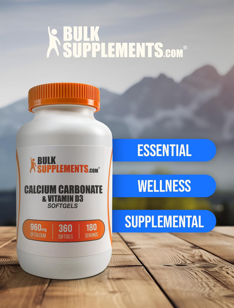 BulkSupplements.com Calcium Carbonate & Vitamin D3 Softgels - Calcium and Vitamin D3, Calcium & D3 Supplement for Immune Support - Gluten Free, 2 Softgels per Serving, 360 Count (Pack of 1) 360 Count (Pack of 1)