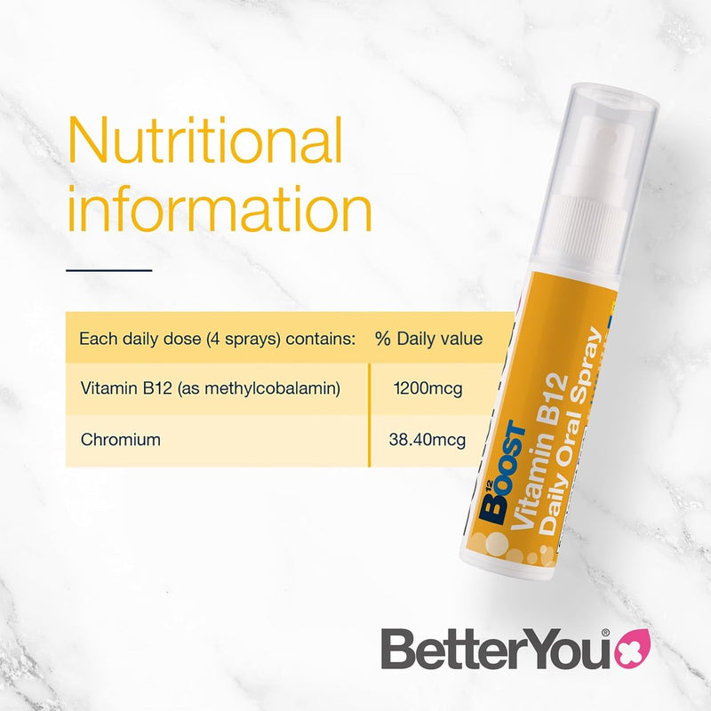 BetterYou Boost Vitamin B12 Daily Oral Spray Vitamin Spray Supplement for Energy Boost 1,200 IU Vitamin B12, Natural Apricot Flavour, Pack of 4, 25ml (192 Sprays)
