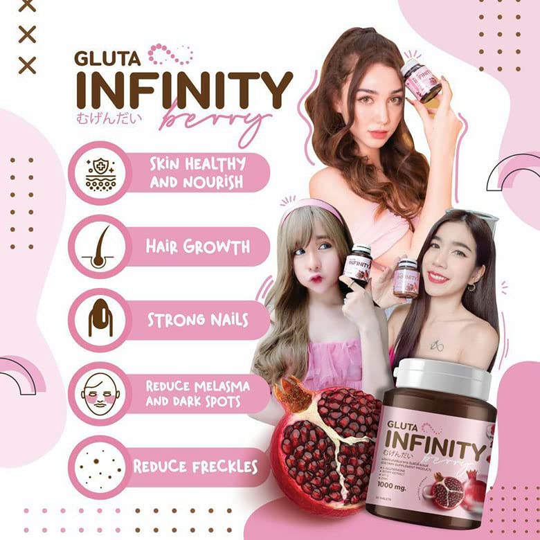 Gluta Infiniy 1000mg L-Glutathione Supplement Tripeptide Fish Collagen L-Glutamine Ascorbic Acid Cherry Grape & Pomegranate Extract Skin Nourishing Supplement Remove Acne Scar Freckles 30 Tablets